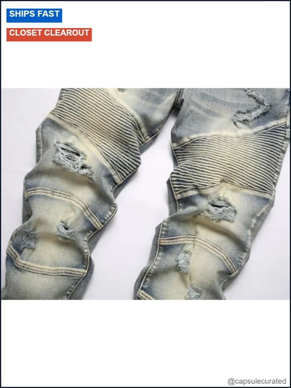 Men's Biker Moto Washed Distressed Slim Fit Straight Jeans Denim